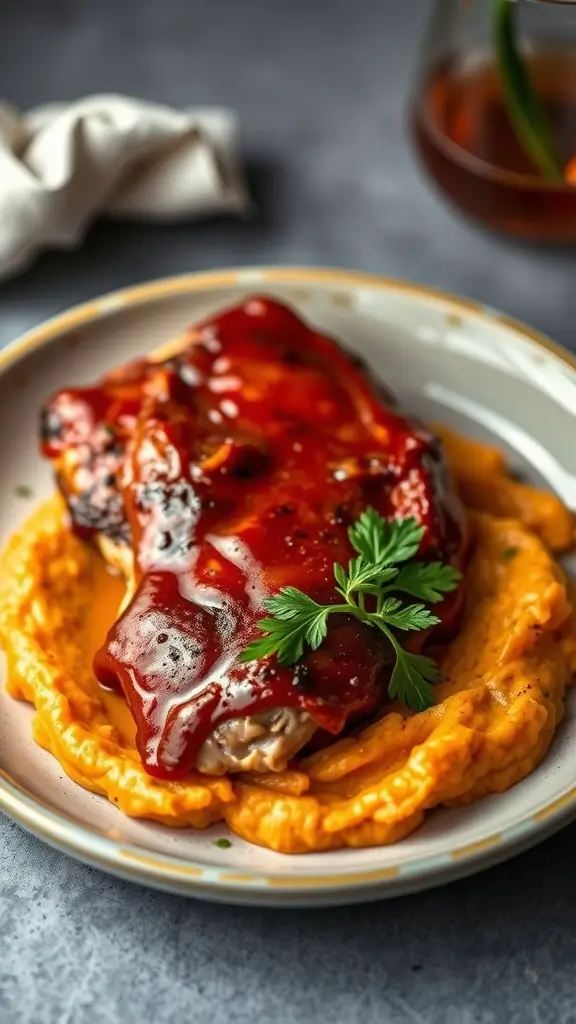 BBQ Chicken with Sweet Potato Mash plated with parsley garnish.