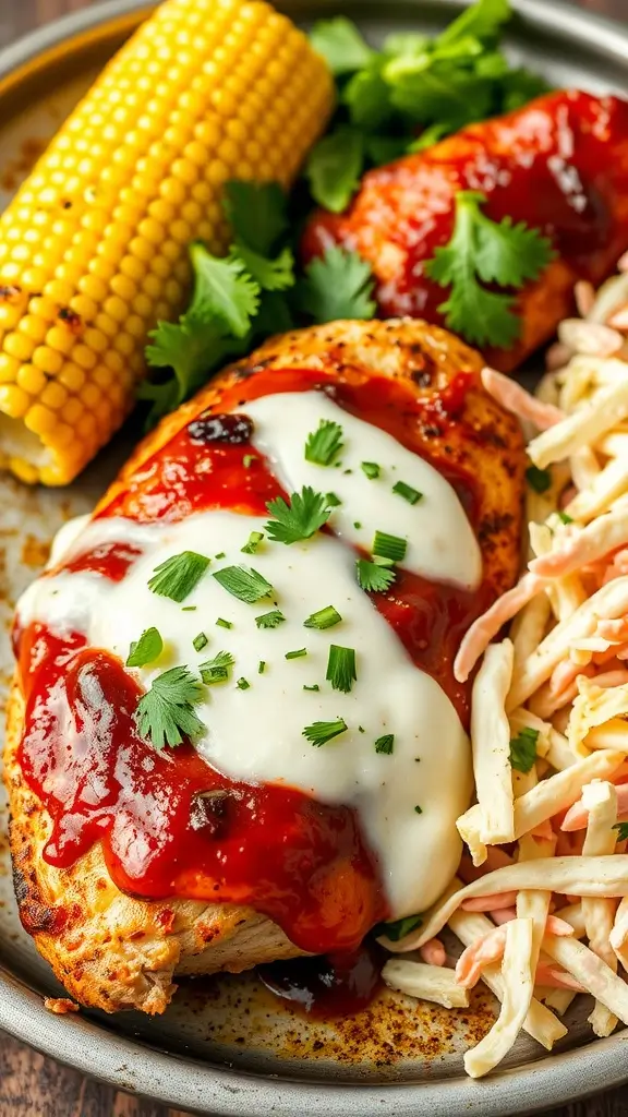 Oven-baked BBQ Ranch chicken breast served with corn and coleslaw