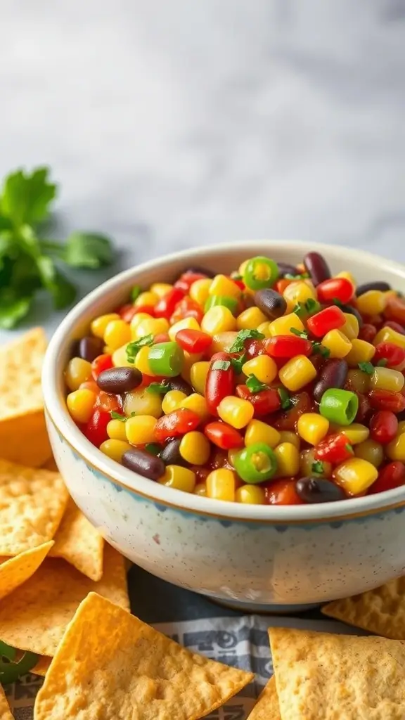 A bowl of colorful bean and corn salsa with tortilla chips on the side