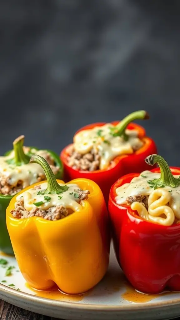 Delicious colorful stuffed peppers filled with creamy ground beef and pasta
