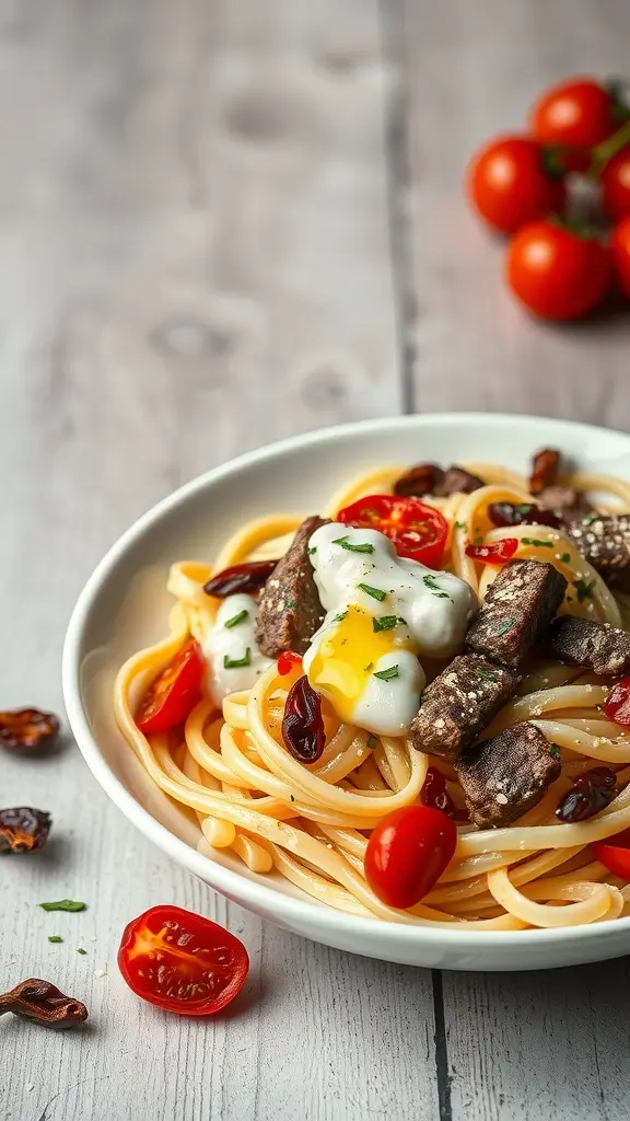 Creamy Beef Alfredo pasta with sun-dried tomatoes and herbs