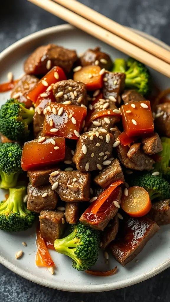 A bowl of beef and broccoli stir-fry with colorful vegetables and sesame seeds.