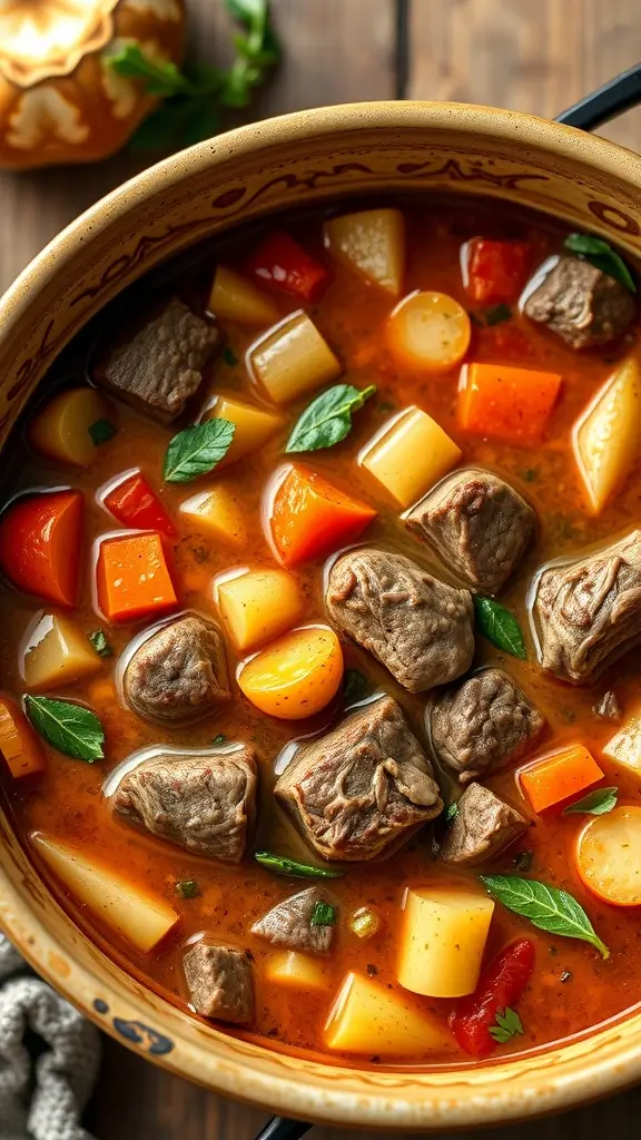 A hearty bowl of beef and vegetable soup with colorful veggies and tender meat.