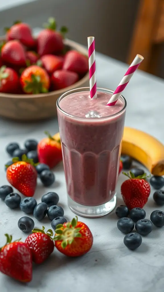 A refreshing berry banana smoothie with a vibrant pink color, served in a tall glass with two straws.