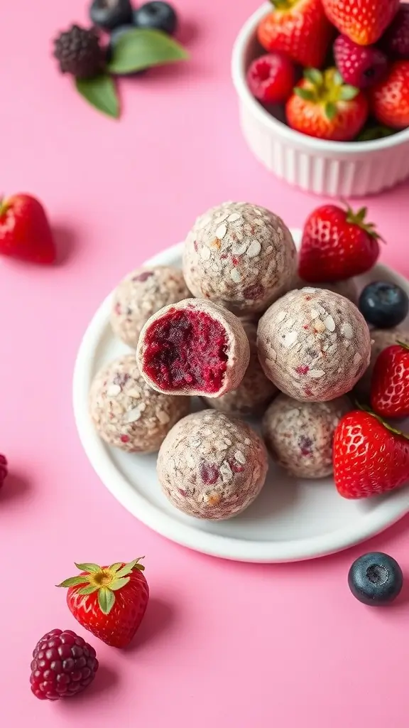 A plate of berry bliss protein balls with fresh strawberries and blueberries