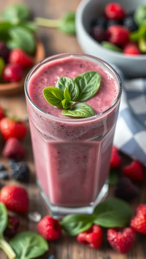 A refreshing Berry Green Protein Smoothie with berries and spinach.