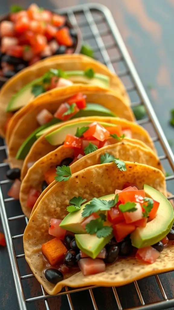 A plate of black bean and sweet potato tacos topped with avocado, tomatoes, and cilantro.