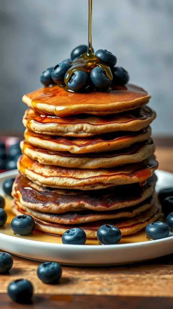 A stack of fluffy blueberry pancakes drizzled with maple syrup and topped with fresh blueberries.