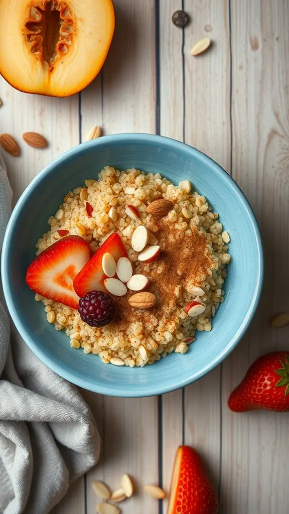 A bowl of quinoa topped with almonds, blueberries, and strawberries for a nutritious breakfast.