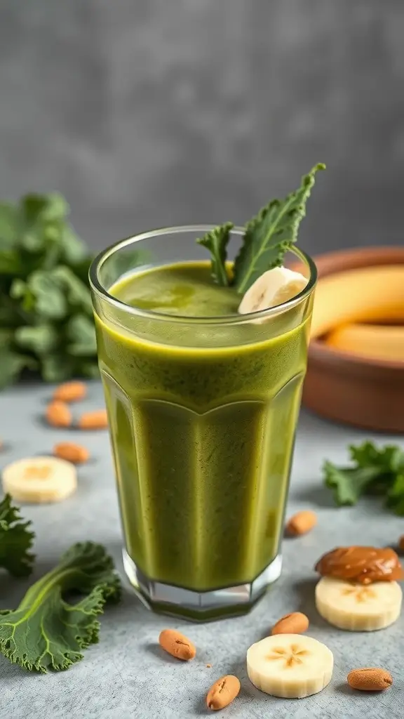 Green smoothie with kale and peanut butter in a glass, surrounded by banana slices and peanuts.