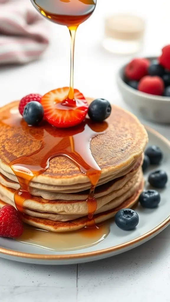 Delicious buckwheat pancakes topped with maple syrup and fresh berries