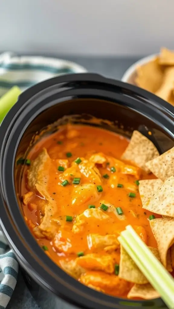 A delicious bowl of Buffalo Chicken Dip served with chips and celery sticks.