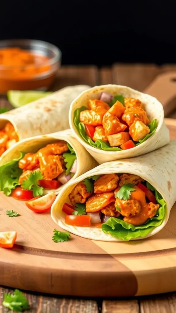 Buffalo chicken wraps filled with veggies on a wooden board.