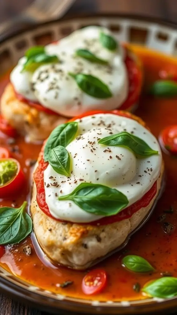 A delicious serving of Caprese Chicken topped with fresh mozzarella, tomatoes, and basil.