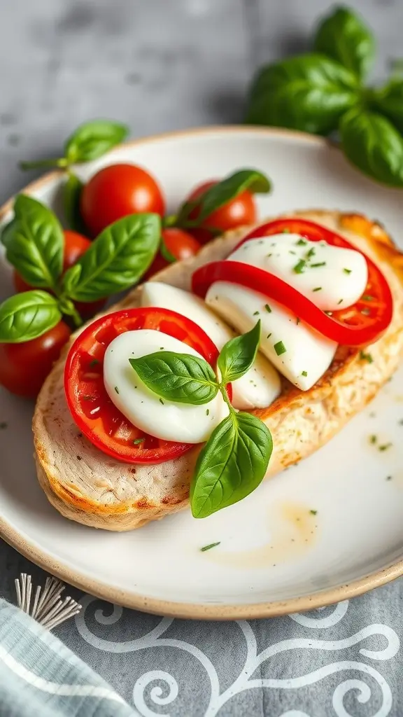 A plate of Caprese stuffed chicken with mozzarella, tomatoes, and basil