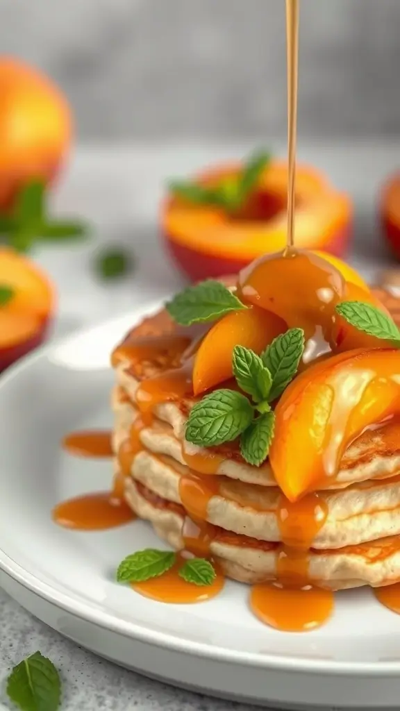 Stack of pancakes topped with caramelized peaches and mint leaves
