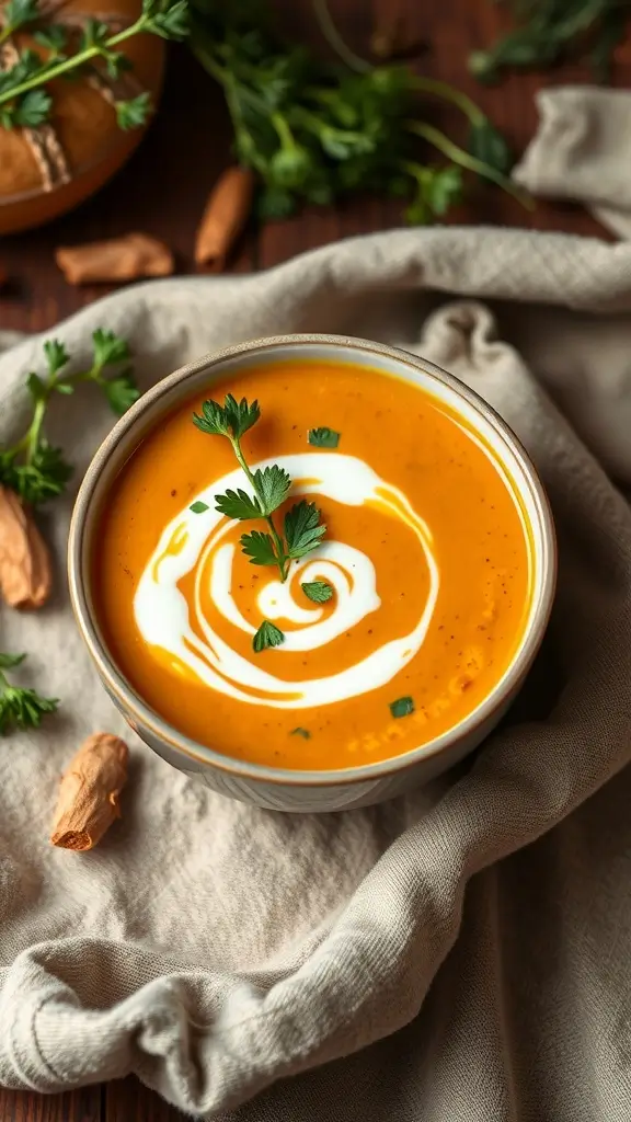 Bowl of carrot and ginger soup garnished with cilantro, served on a textured cloth