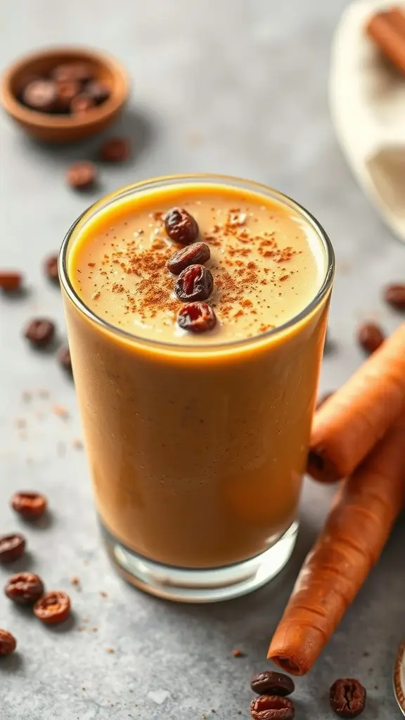A delicious carrot cake protein smoothie topped with nuts and spices, with fresh carrots beside it.