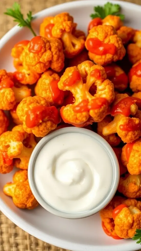 Plate of crispy cauliflower buffalo bites drizzled with hot sauce and served with a side of ranch dressing.