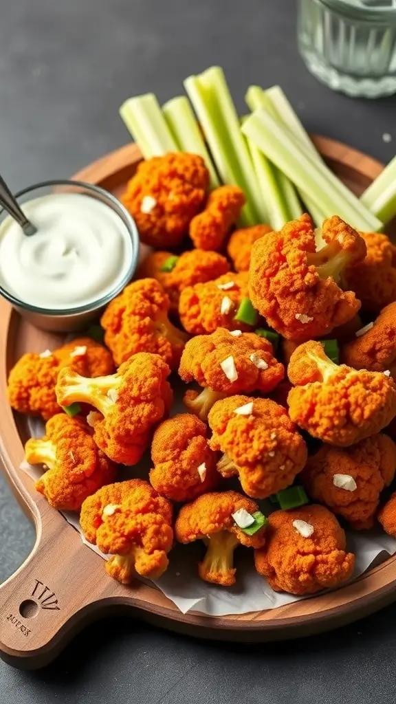 A plate of crispy cauliflower buffalo wings served with celery sticks and ranch dressing.