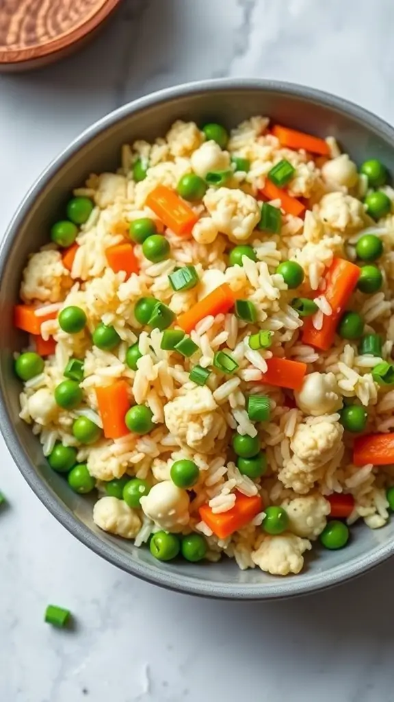 A bowl of colorful cauliflower fried rice with green peas, carrots, and green onions.