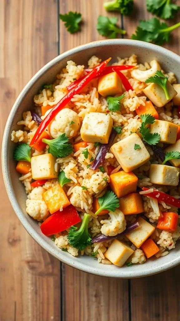 A colorful bowl of Cauliflower Rice Breakfast Stir-Fry with tofu and assorted vegetables.