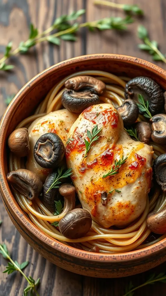 Chasseur chicken with wild mushrooms served on a wooden table