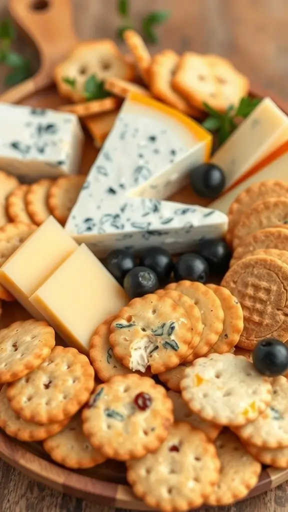 A cheese and crackers platter with assorted cheeses, crackers, fresh fruits, and nuts.