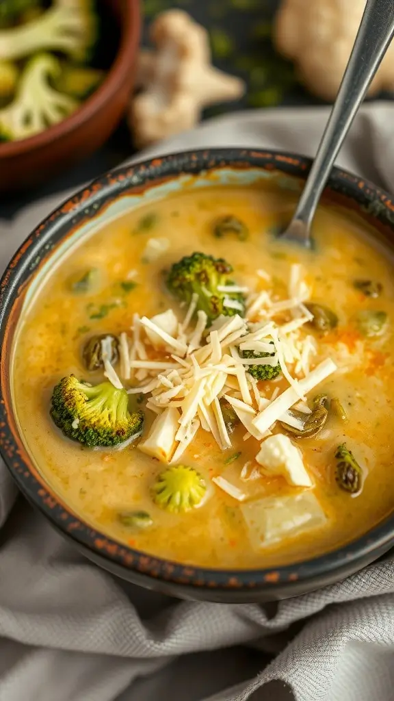 Bowl of cheesy broccoli and cauliflower soup with vibrant vegetables.