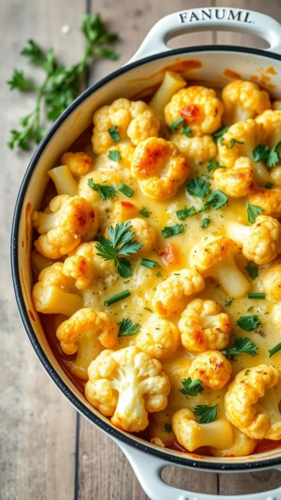 Cheesy cauliflower casserole served in a dish with green herbs on top