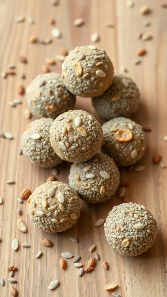 Chia Seed and Peanut Butter Energy Balls stacked with nuts scattered around.