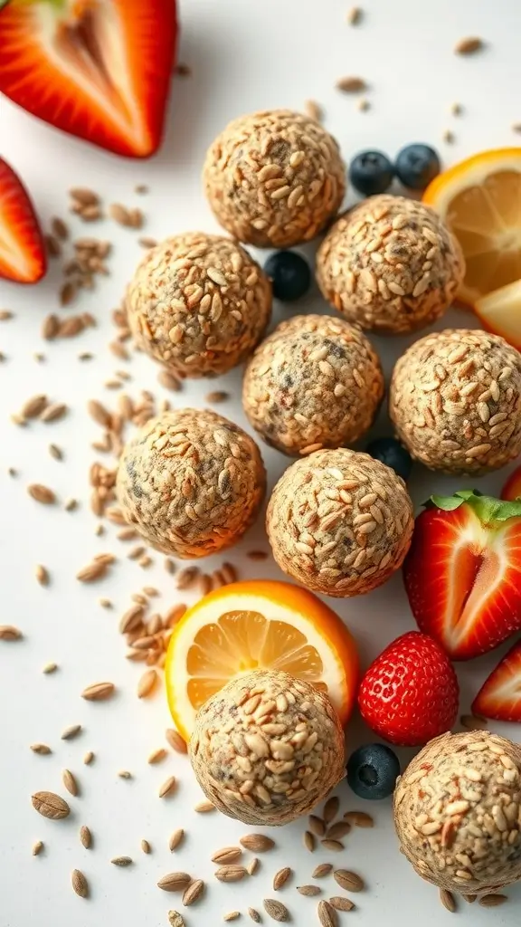 Chia Seed Energy Oatmeal Balls with fresh fruits scattered around.