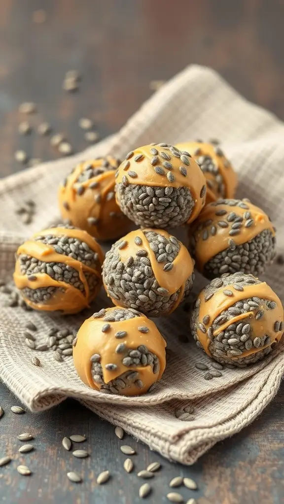 Chia Seed Peanut Butter Balls arranged on a cloth