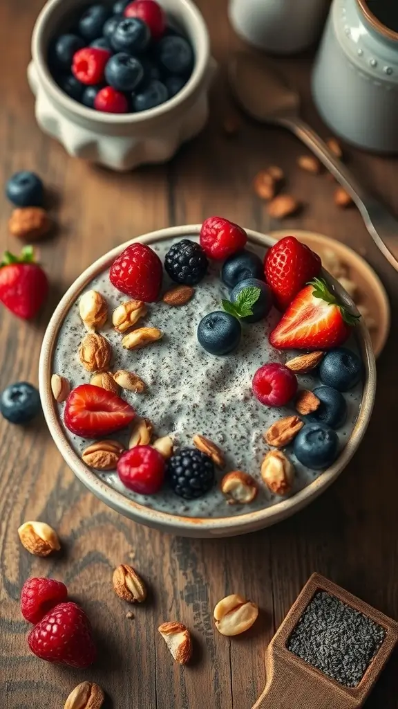 A bowl of chia seed pudding topped with fresh berries and nuts