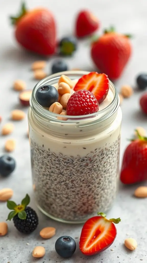A glass jar of chia seed pudding topped with fresh strawberries, blueberries, and nuts.