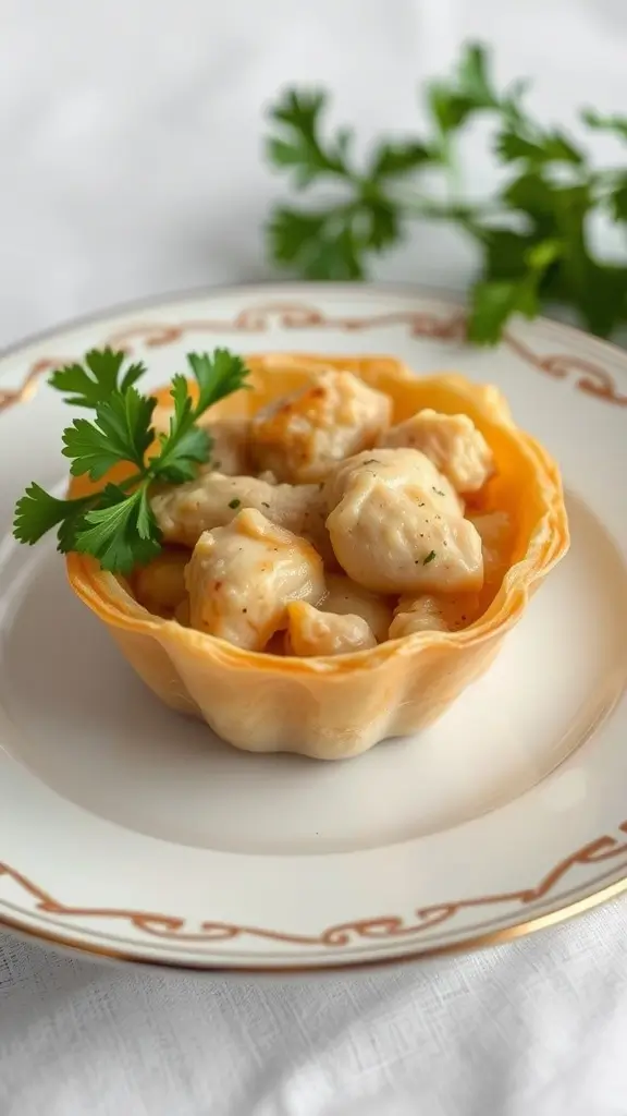 A delicious serving of Chicken à la King in a flaky puff pastry shell, garnished with parsley.