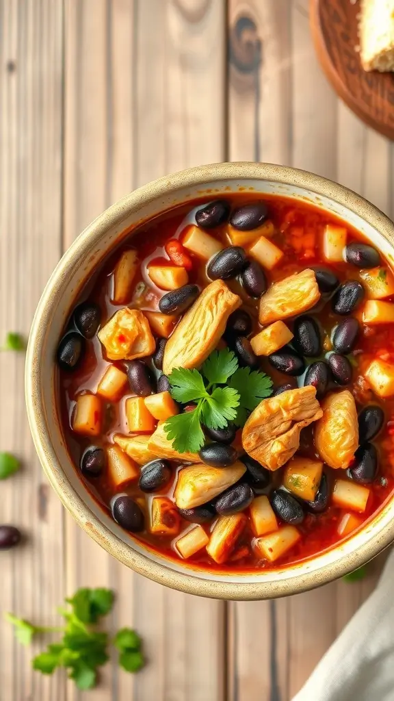 A bowl of Chicken and Black Bean Chili topped with cilantro.