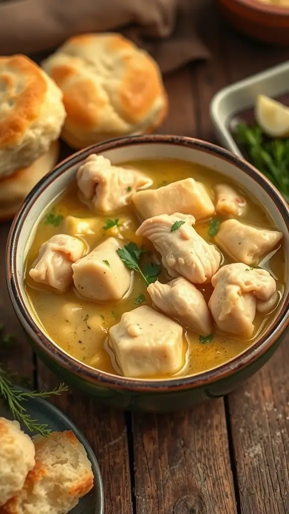 A bowl of chicken and dumplings with fluffy dumplings and a creamy broth