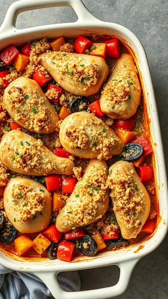 A delicious chicken and ratatouille bake with vegetables and breadcrumbs.