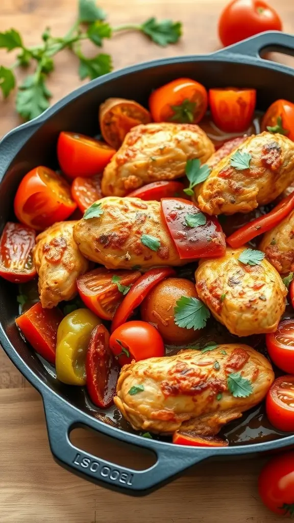 Delicious Chicken Basquaise with bell peppers and tomatoes in a skillet