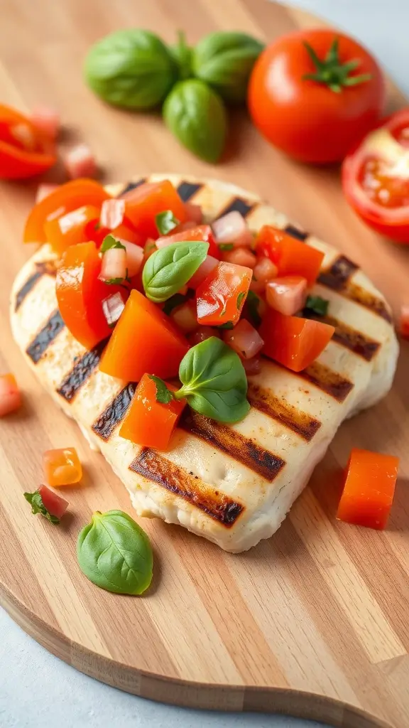 Grilled chicken breast topped with tomato basil salsa on a wooden cutting board.