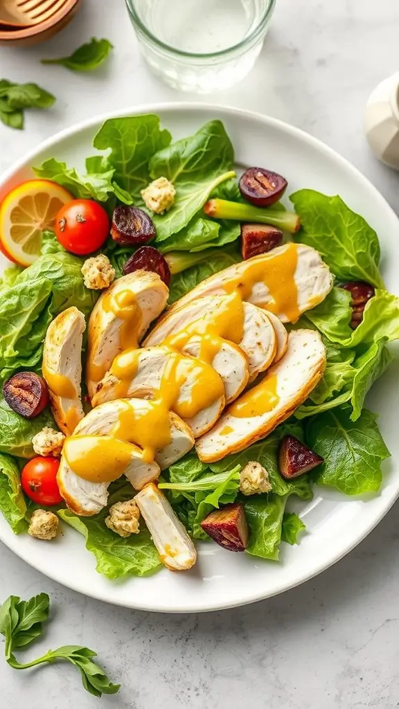 A vibrant Chicken Caesar Salad with sliced chicken, romaine lettuce, cherry tomatoes, and creamy dressing.