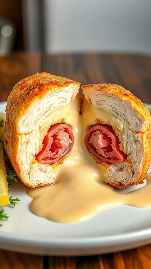 Deliciously prepared Chicken Cordon Bleu with melted cheese and ham, served with a creamy sauce.