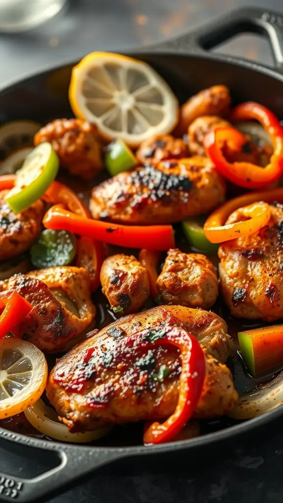 Delicious chicken fajitas with vibrant bell peppers and onions in a skillet.