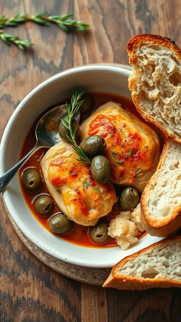 Delicious chicken fricassée with olives served in a bowl.