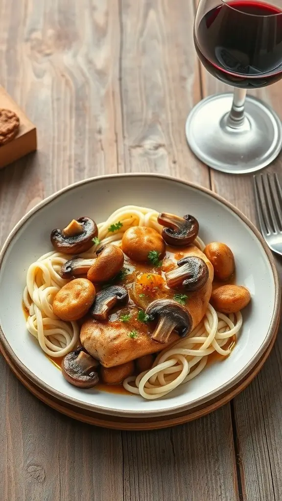 A plate of Chicken Marsala with Mushrooms served over pasta, garnished with parsley.