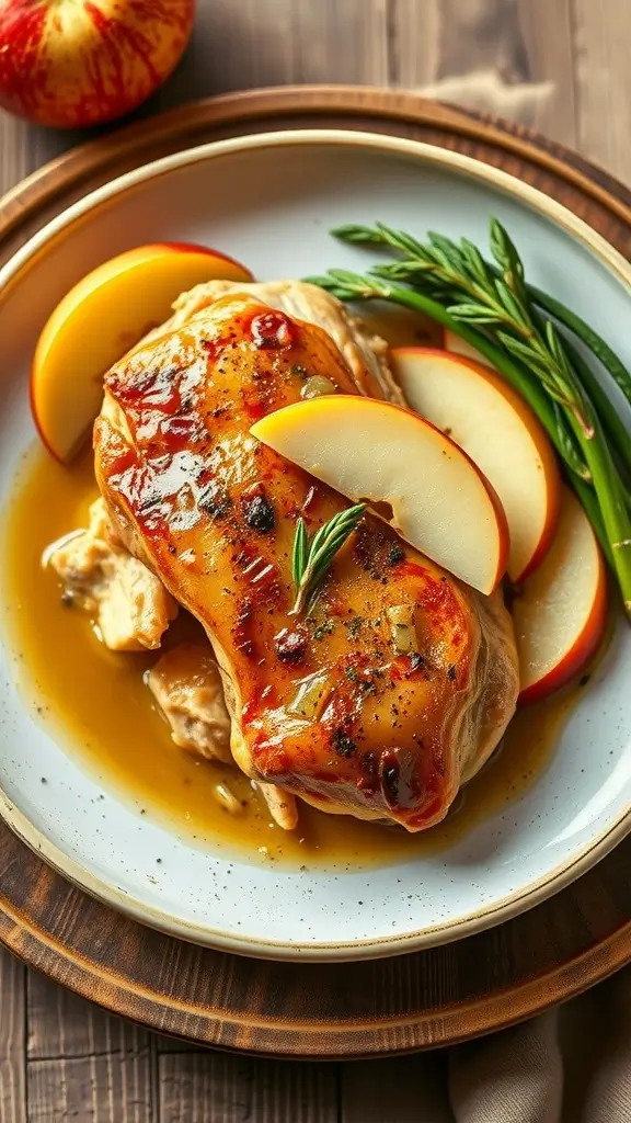 A plate of Chicken Normande with slices of apple and a glossy sauce.