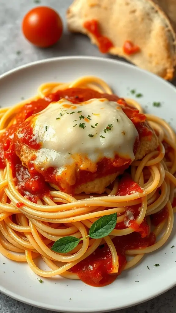 A plate of Chicken Parmesan served with spaghetti and marinara sauce.