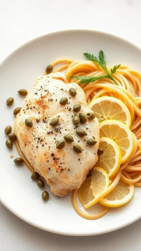 Plate of Chicken Piccata served with lemon slices and capers