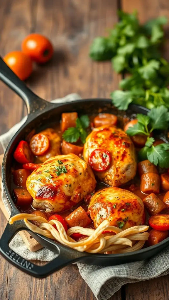 A savory dish of Chicken Scarpariello with chicken breasts, sausage, bell peppers, and spices.